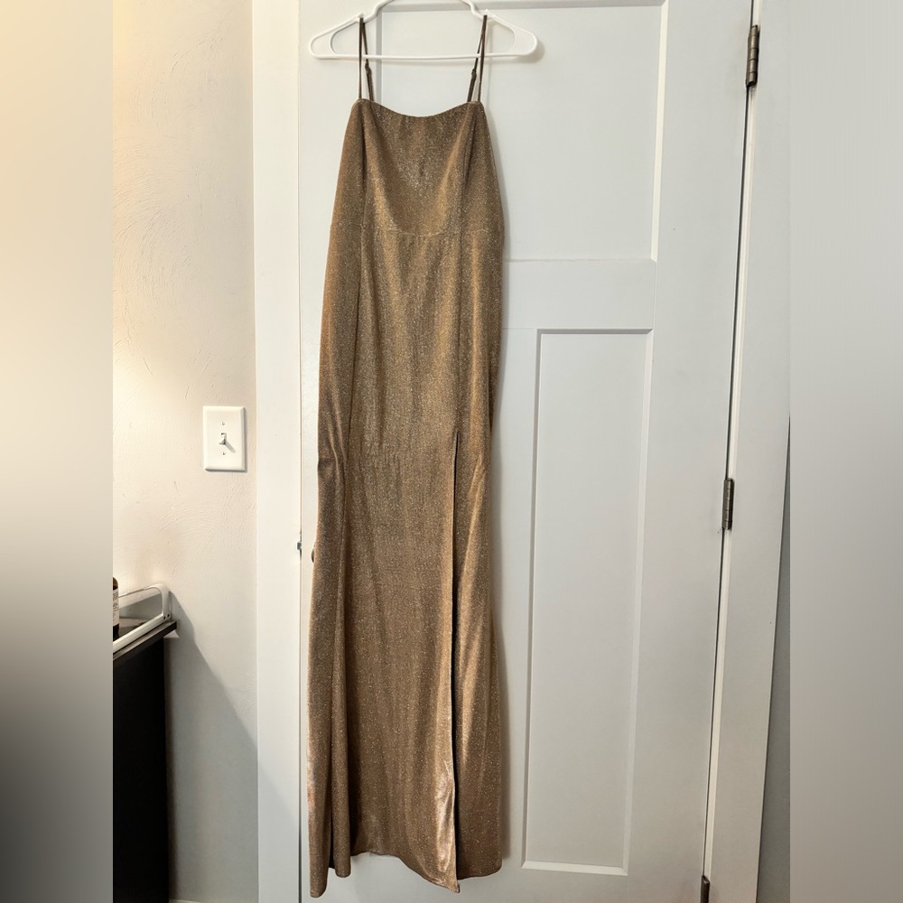 Lulu’s gold floor length dress
